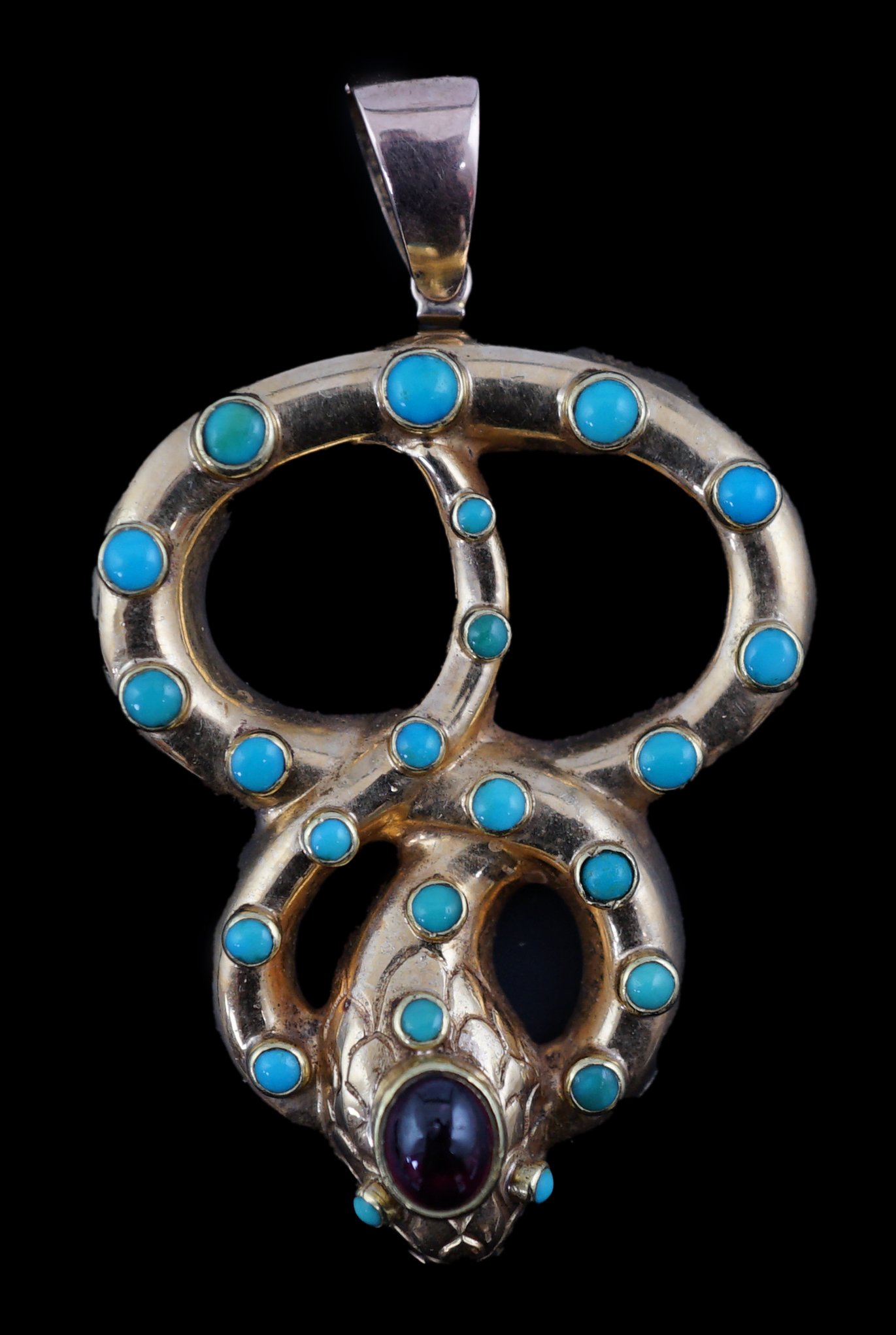 A Victorian gold, turquoise and cabochon garnet set entwined serpent pendant